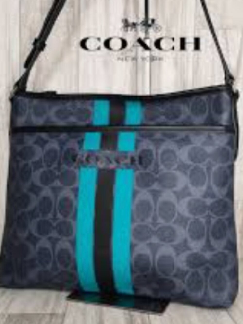 Coach Signature Varsity Stripe Blue Leather Crossbody Bag